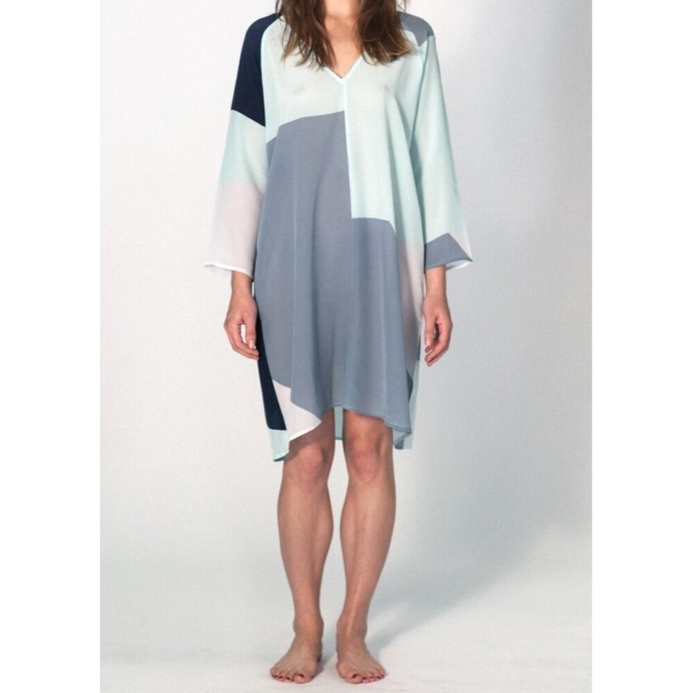 ALI GOLDEN Womens M/L 100%‎ Silk Blue Color Block Dress Semi Sheer Long Sleeve